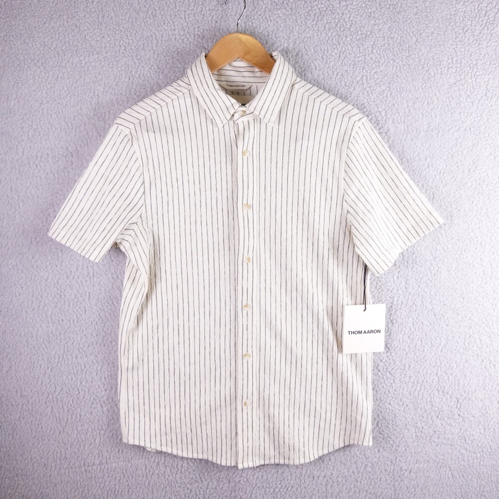 Thom Aaron Mens Short Sleeve Striped Button Down Shirt White Black Size M NEW